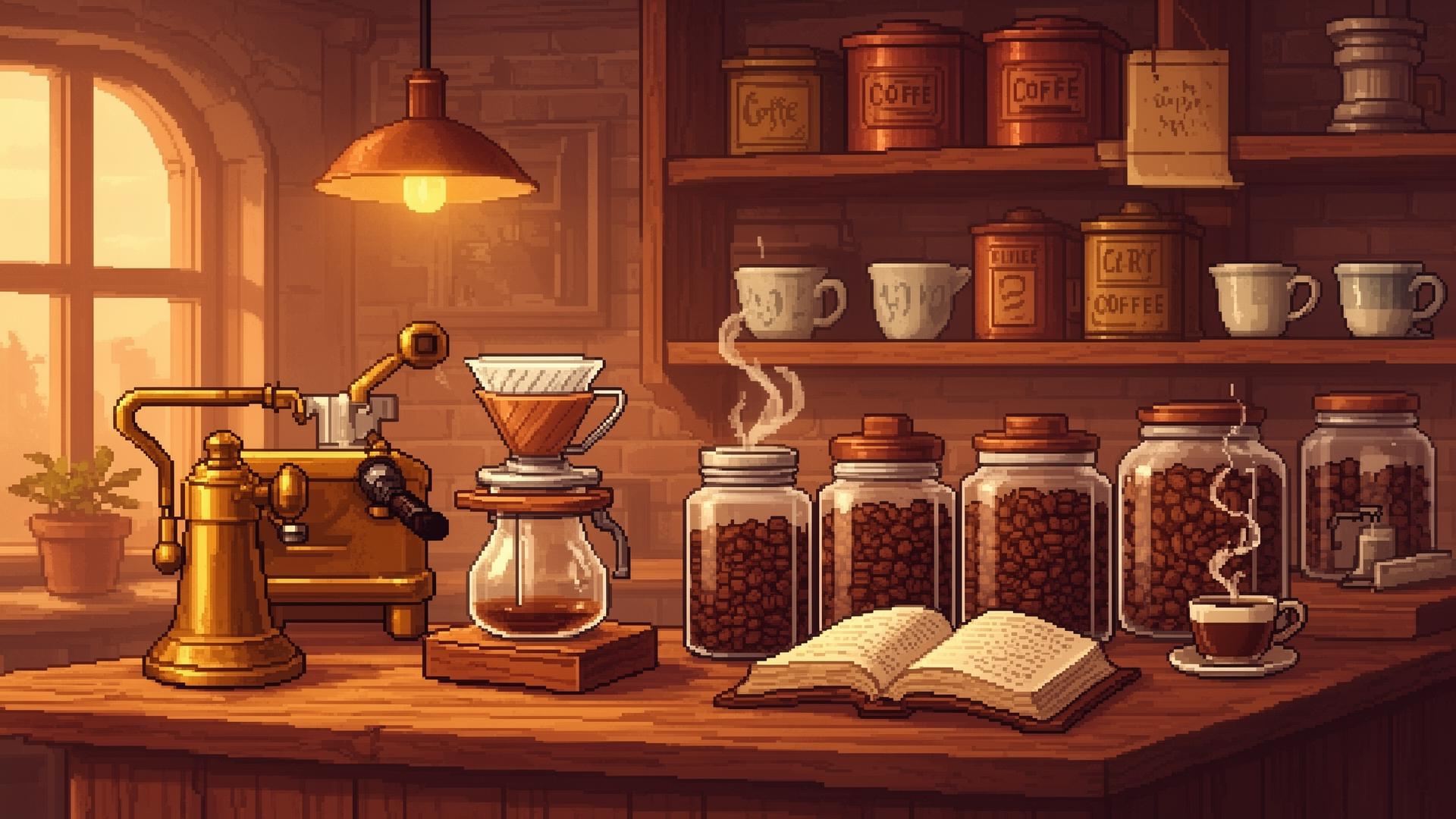 Pixel art coffee bar interior with espresso machine, pour-over dripper, jars of beans and an open book